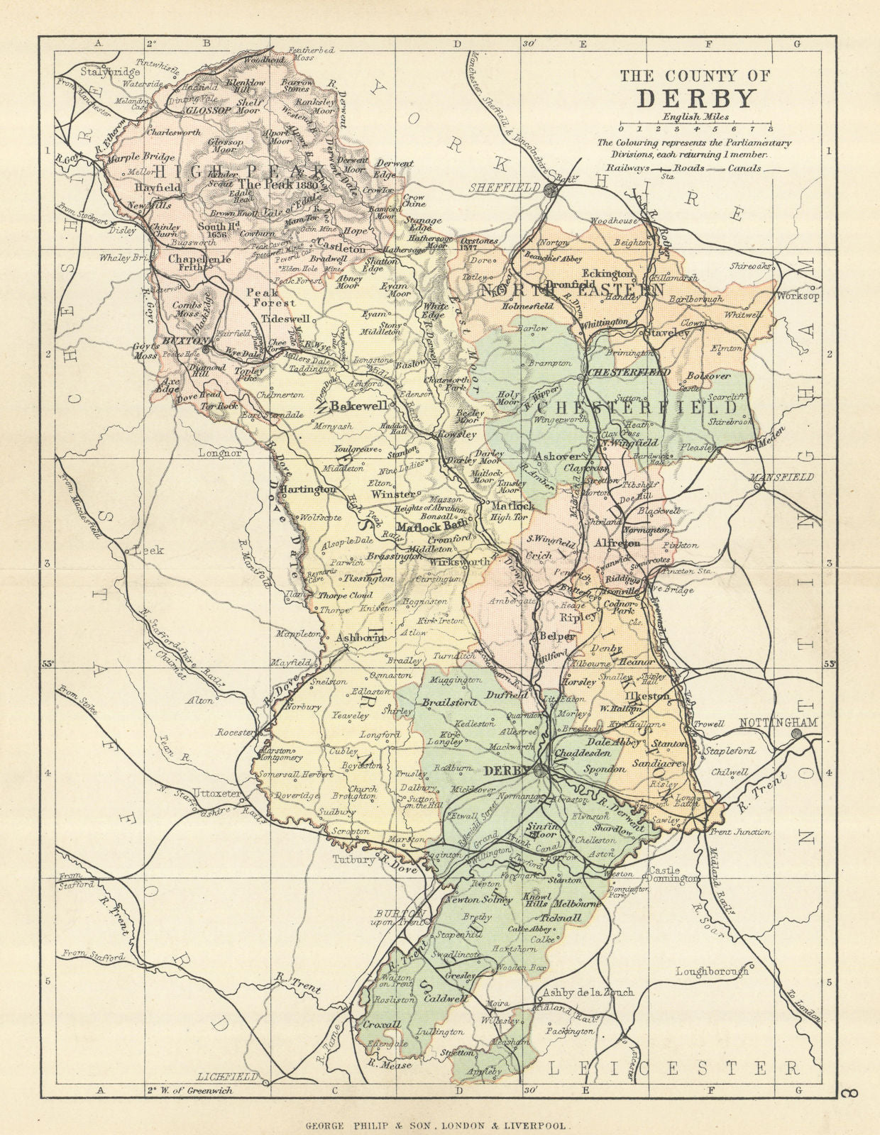 DERBYSHIRE. Antique county map. Railways canals. Constituencies. PHILIP 1889